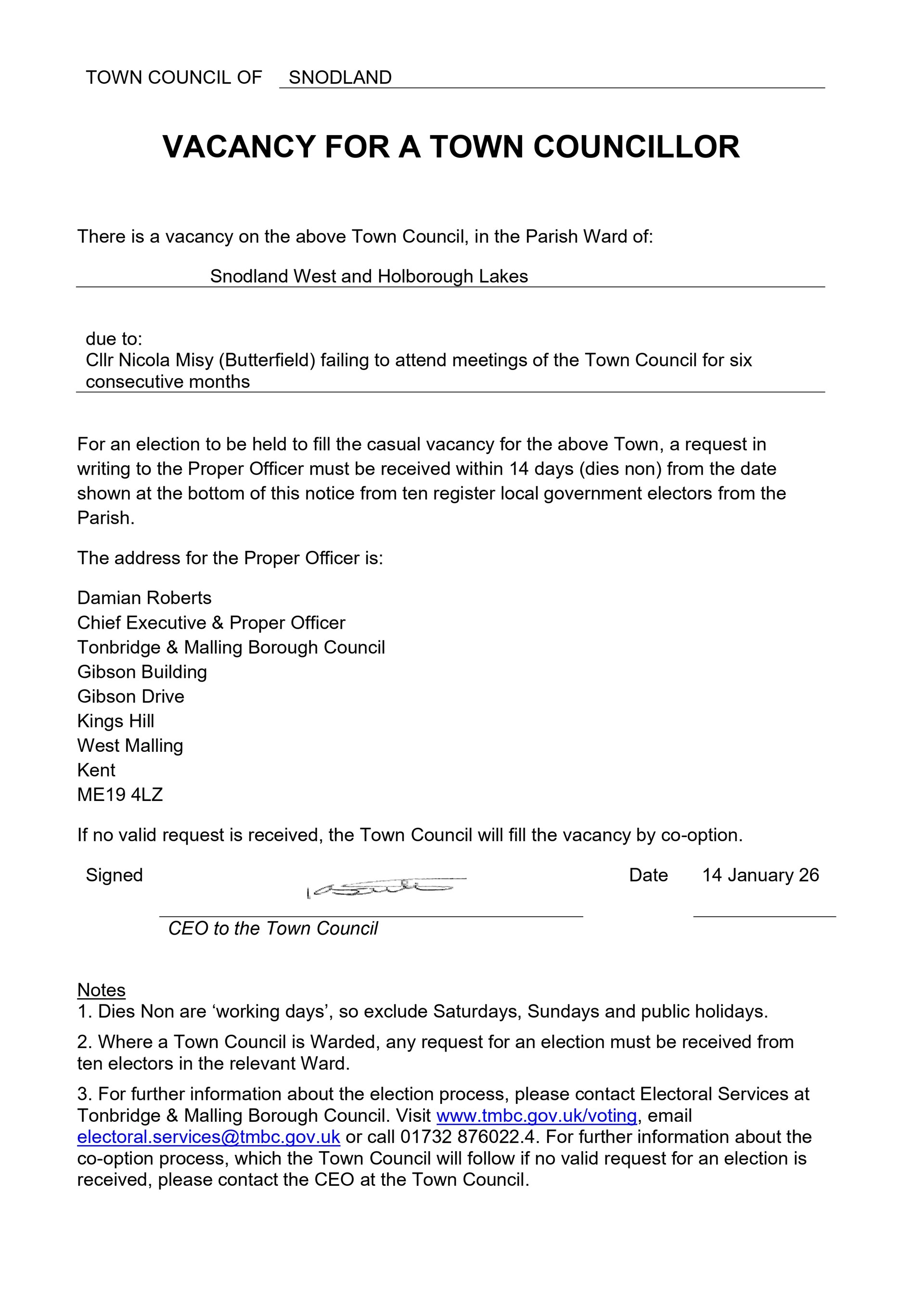 Vacancy for a Town Councillor