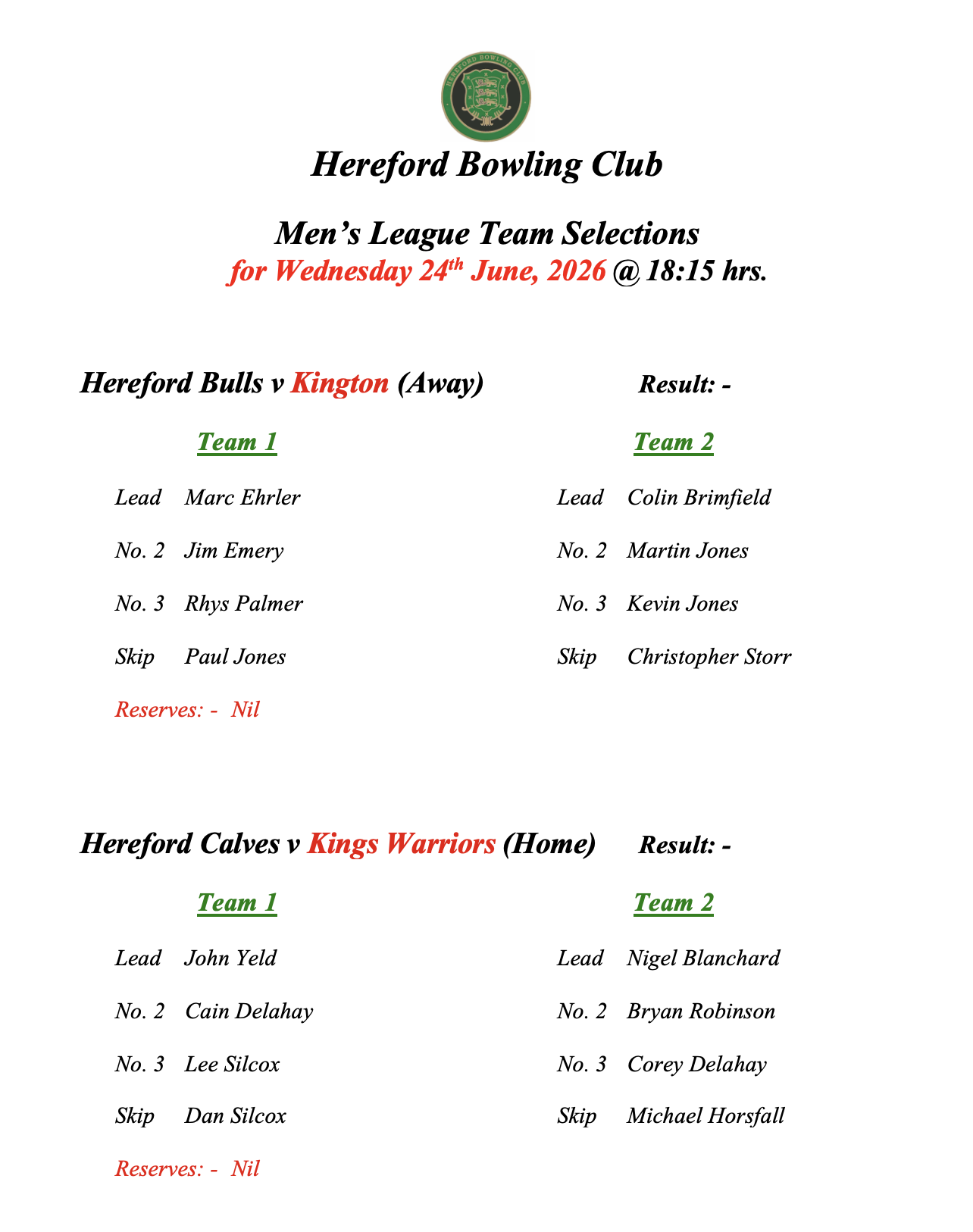 Hereford Bowling Club Men's League - 24/06/26