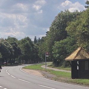 Bus shelter on the A24 opposite Byttom Hill, erected by Mrs. Margerison of Byttom Hill Cottage in memory of her daughter, Dr. F.M.Margerison, who was killed by enemy action in 1941.  The new roof was installed by Mole Valley DC in 2015.