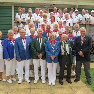 Chandos Park BC players with the Bowls England team.  Centre front of picture is Andy Hunt, Club Chairman, Viv Tomlinson, President Bowls England, Chris Lawrence Club President and Deputy Mayor Mark Cole JP