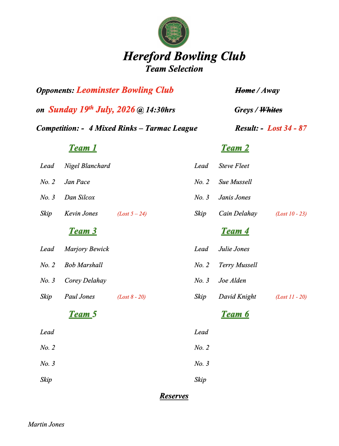 Hereford Bowling Club Leominster - Tarmac League - 19/07/26
