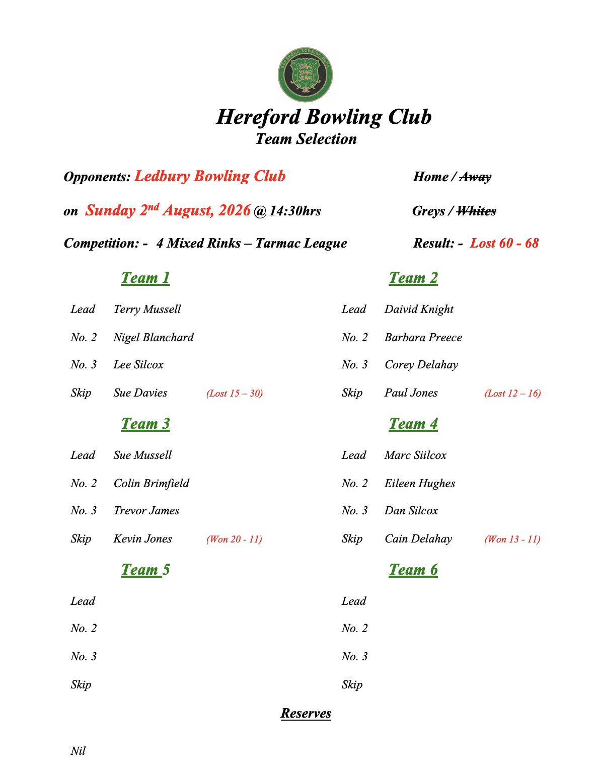 Hereford Bowling Club Ledbury - Tarmac League - 02/08/26