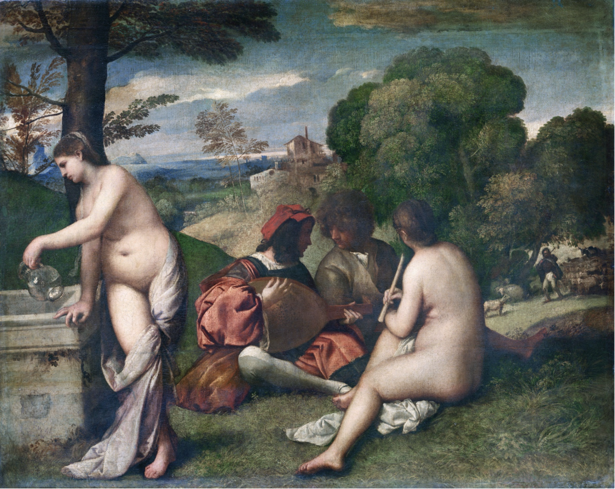 Le Concert Champetre, the Pastoral Concert, Titian, 1509-10, oil on canvas, Louvre
