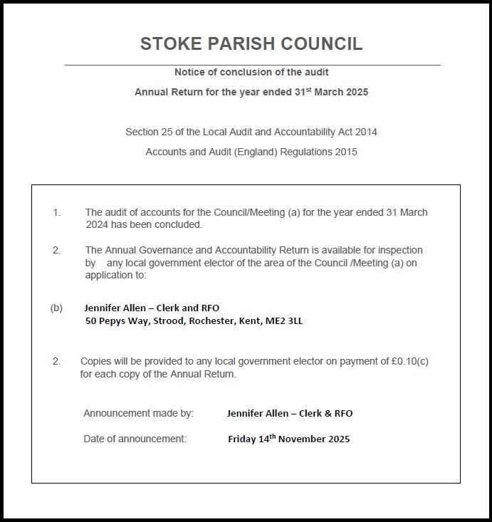 Stoke Parish Council (Kent) AGAR Documents