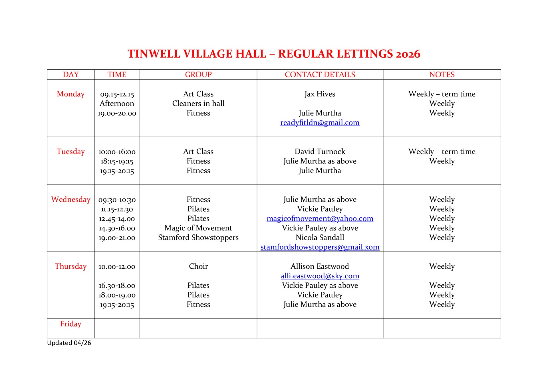 Tinwell Village Hall Regular Classes