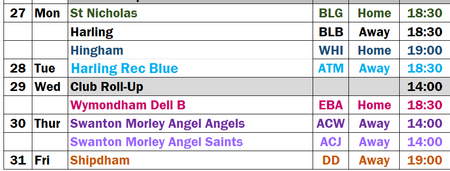 Fixtures for the Week starting 27 July