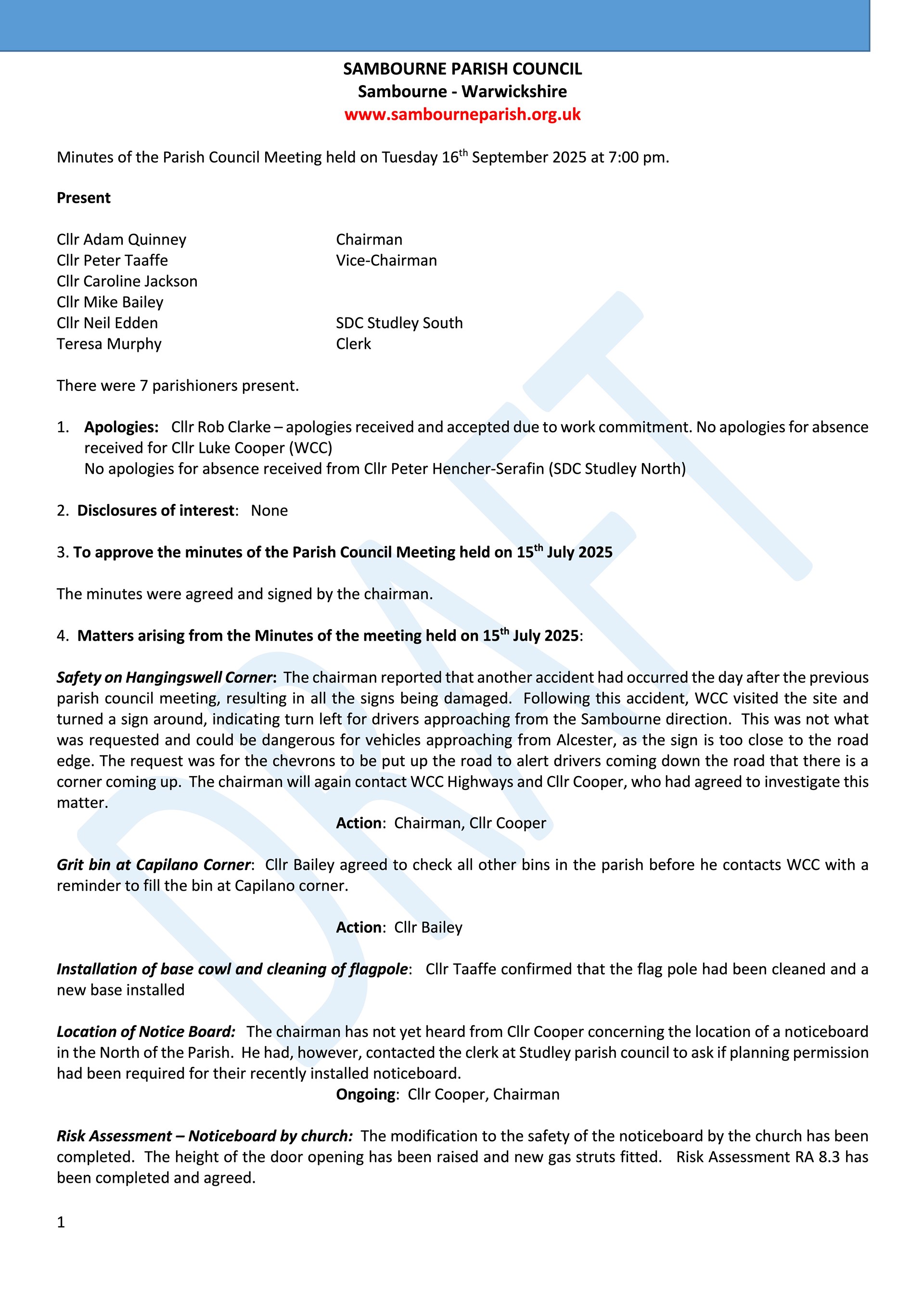 Sambourne Parish Council July 2025 to present