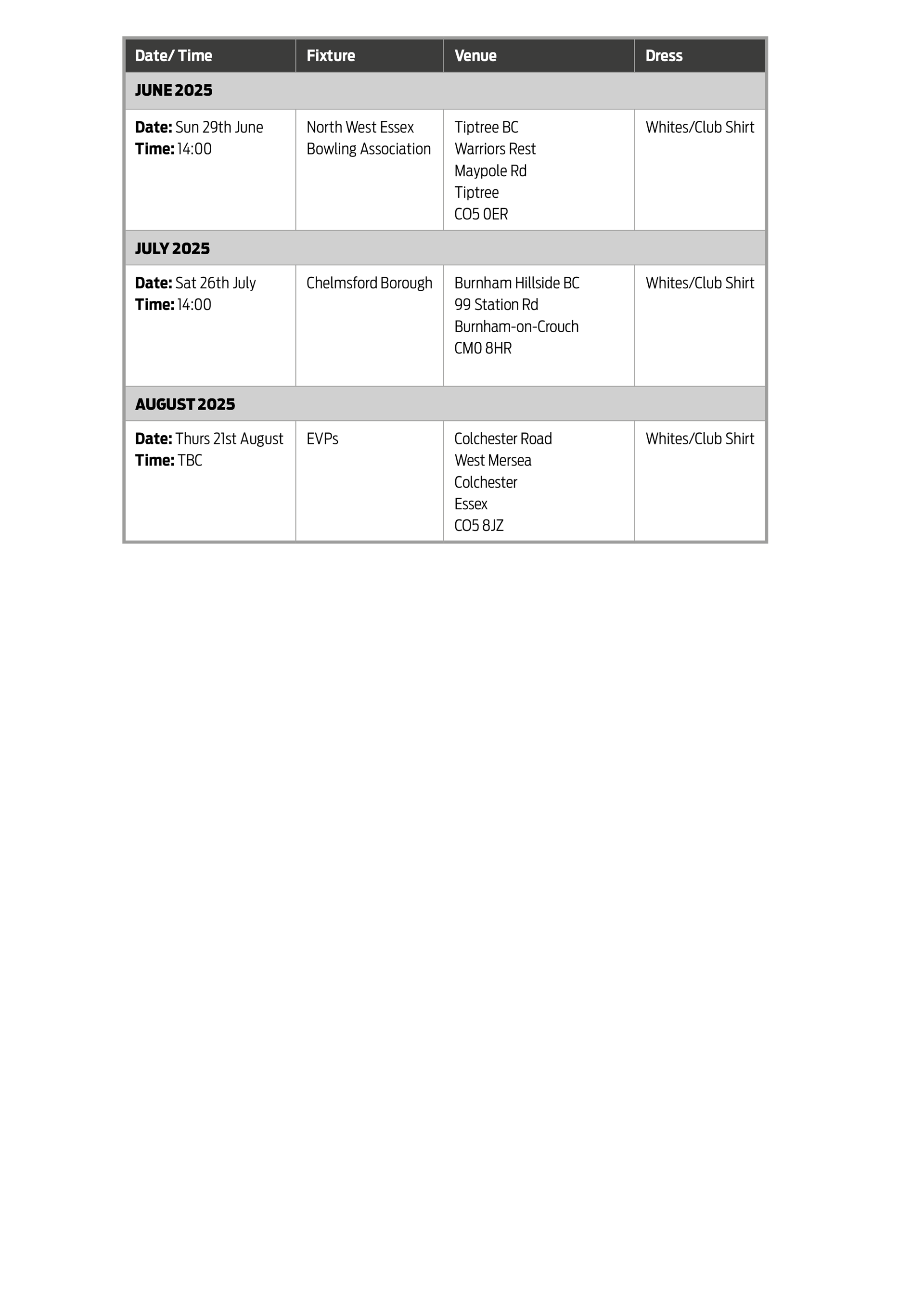 Colchester Borough Bowling Association CBBA CBBA Matches 2025