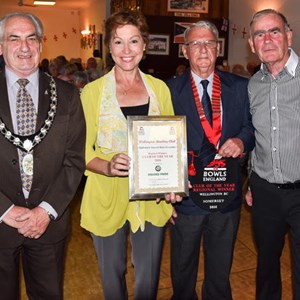 During the social function on Saturday 22nd April the MP for Taunton Deane, Mrs Rebecca Pow, accompanied by Wellington Town Mayor Cllr Bob Bowrah, presented us with our 2016 Bowls England Regional Club of the Year award.