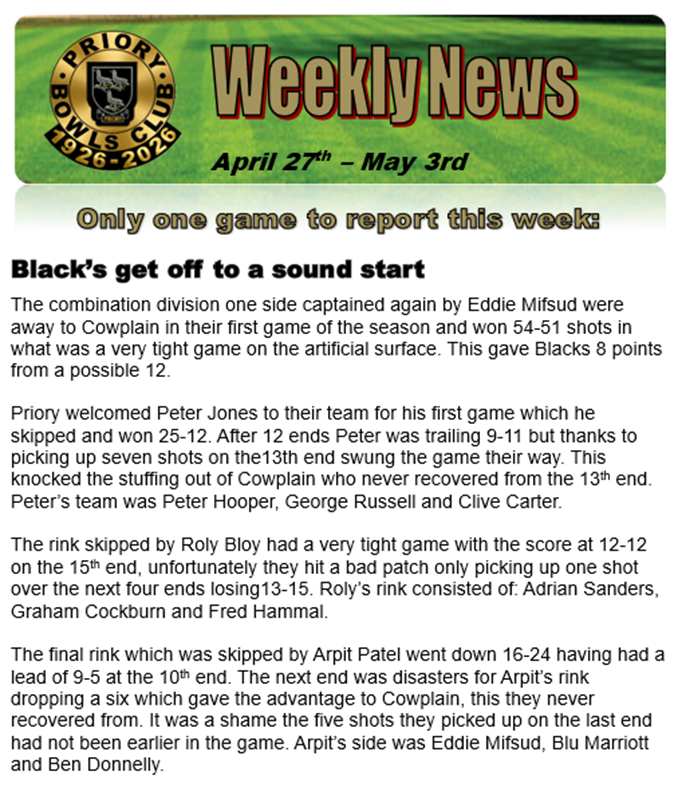 Priory Bowls Club April 27th - May 3rd