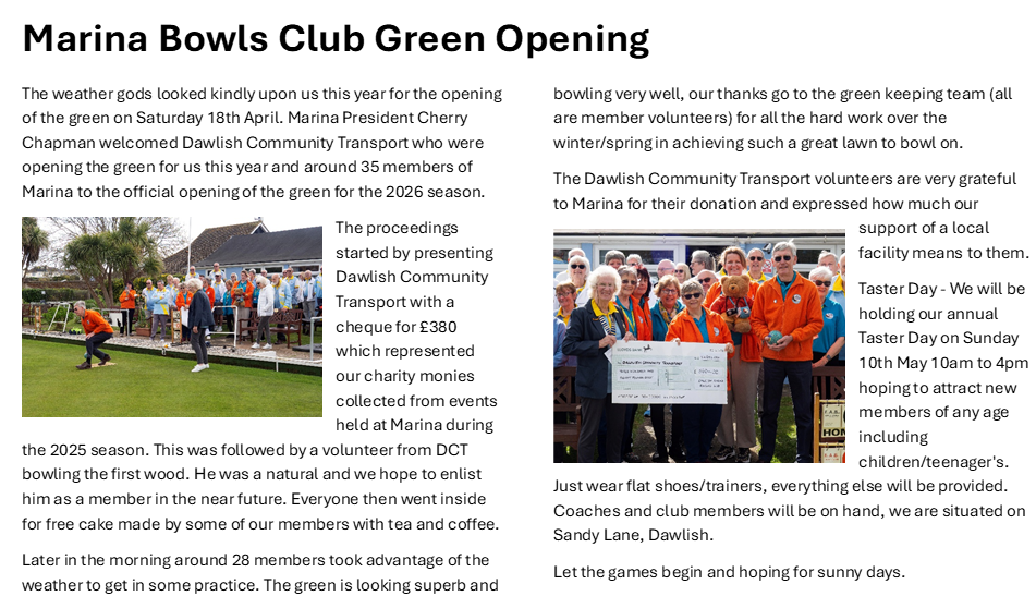Marina Bowling Club Dawlish 2026 Press Items