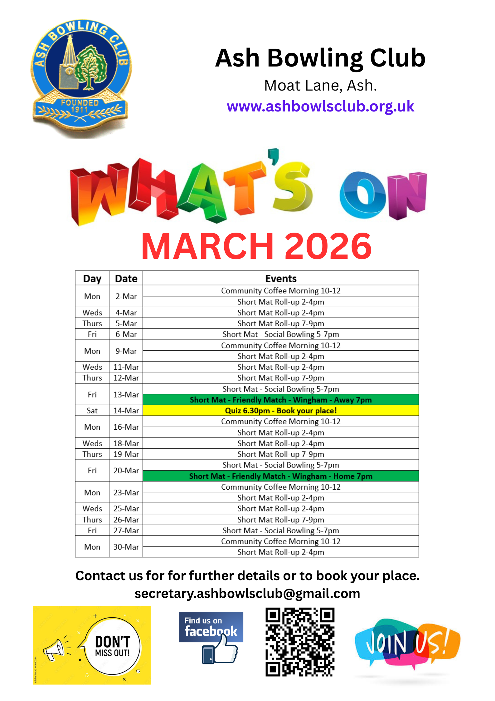 Ash Bowling Club What's On & Club Fixtures