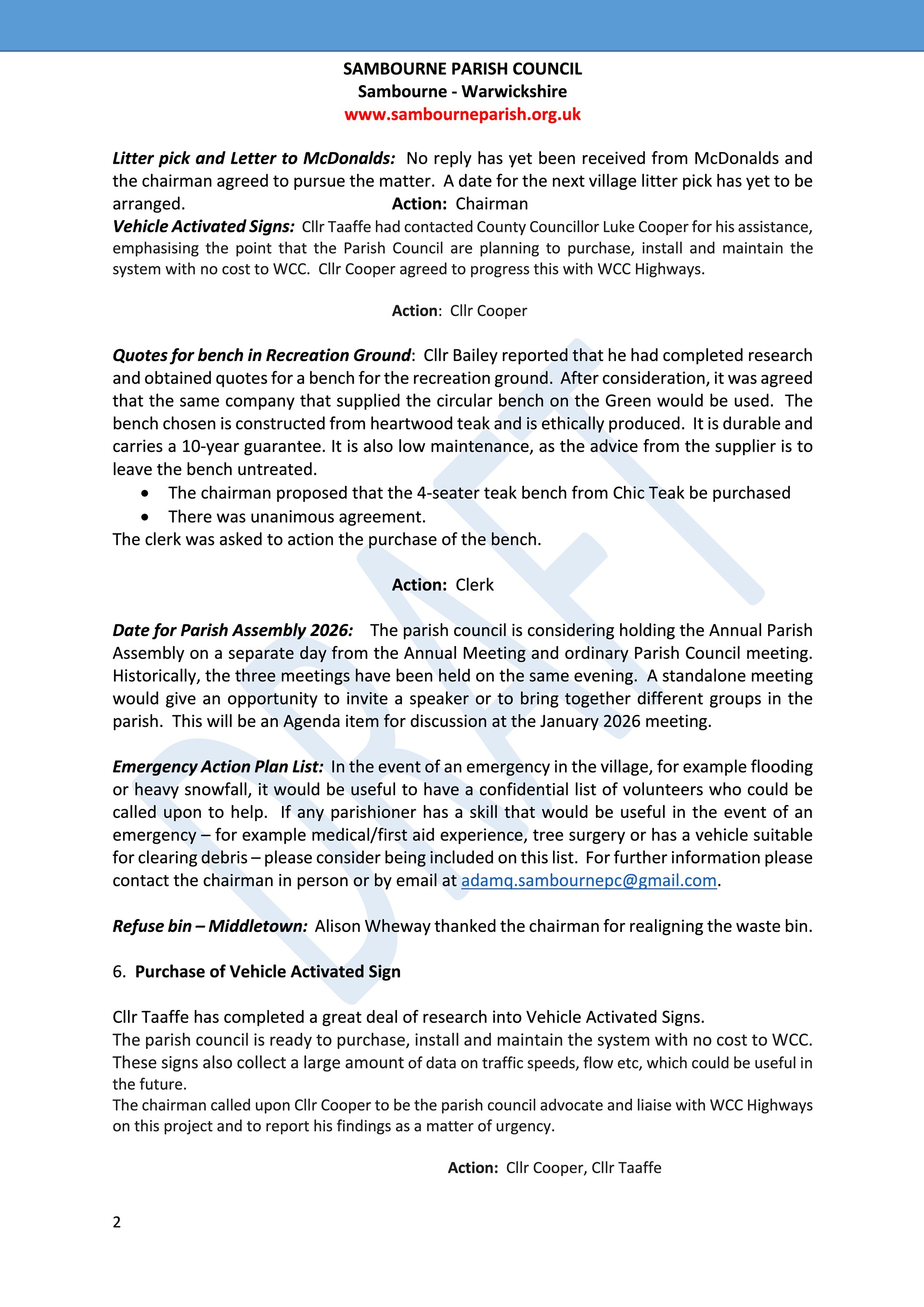 Sambourne Parish Council July 2025 to present