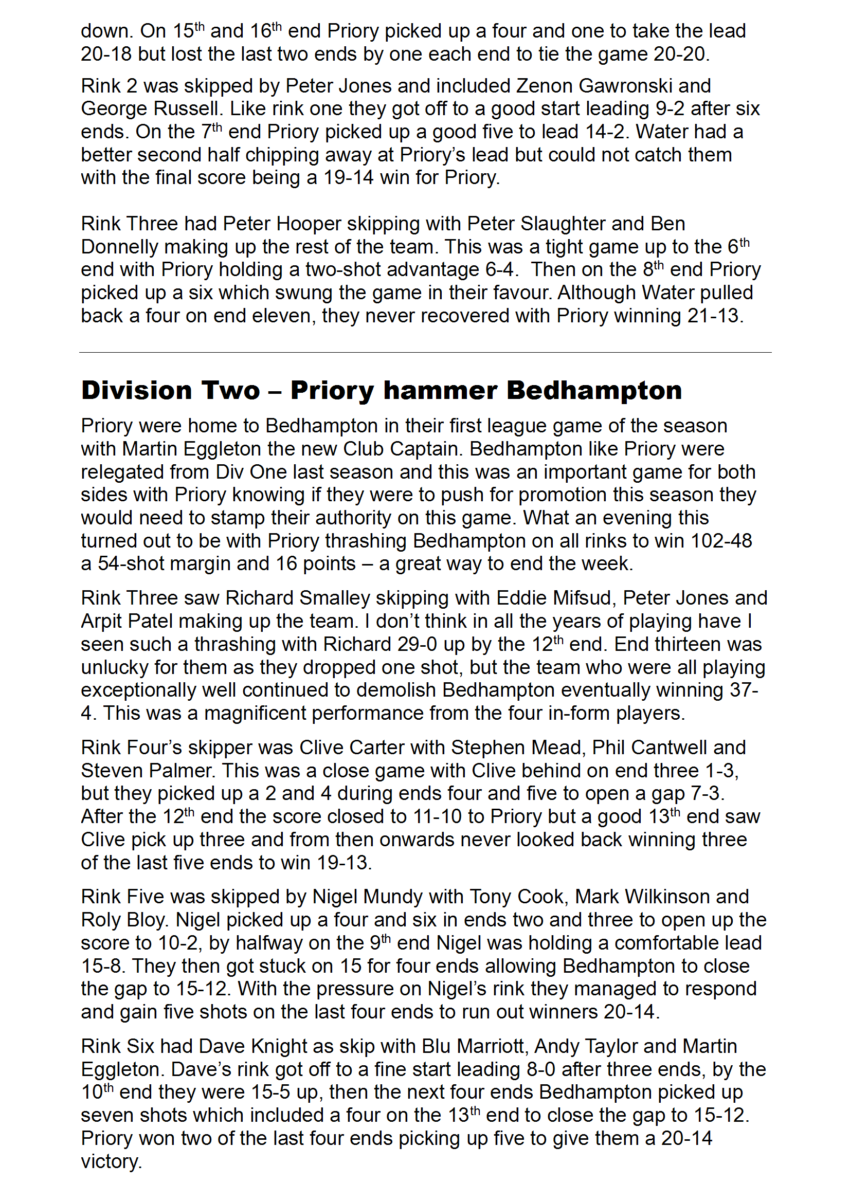 Priory Bowls Club May 4th - May 10th