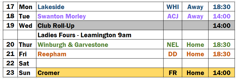 Fixtures for the Week starting 17th August