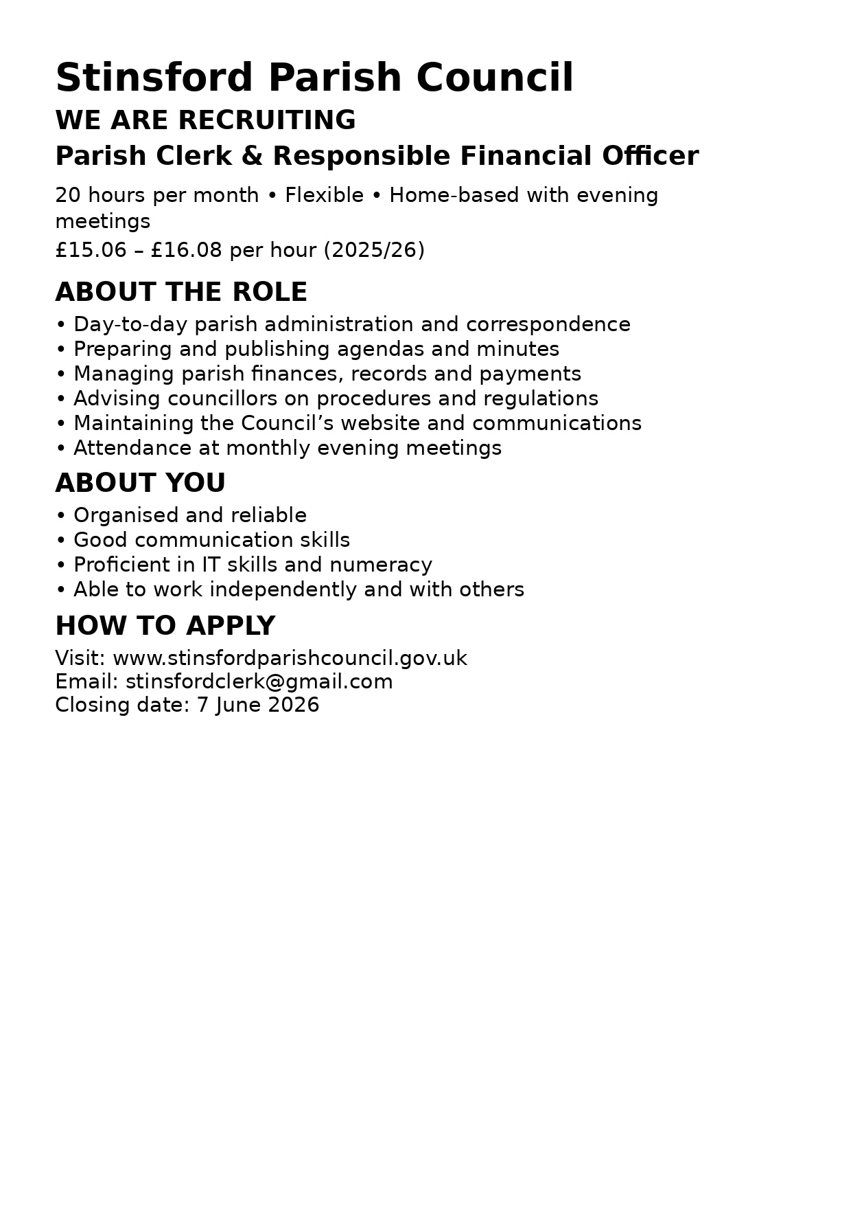 Stinsford Parish Council Parish Clerk recruitment