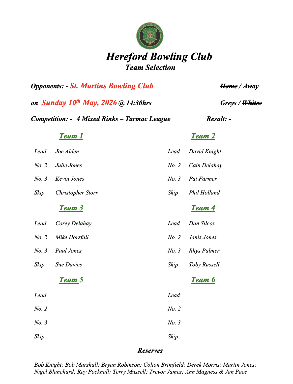 Hereford Bowling Club St. Martins - Tarmac League - 10/05/26
