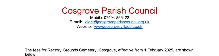 Cosgrove Village Cemetery fees 2025