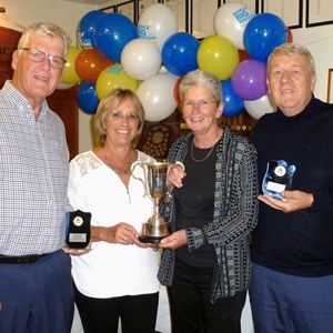 Chris Wright and Elaine Wulcko with the Pairs Winners Trophy and Finalists John Hastings and Dave Warner at the Clubs Presentation Evening