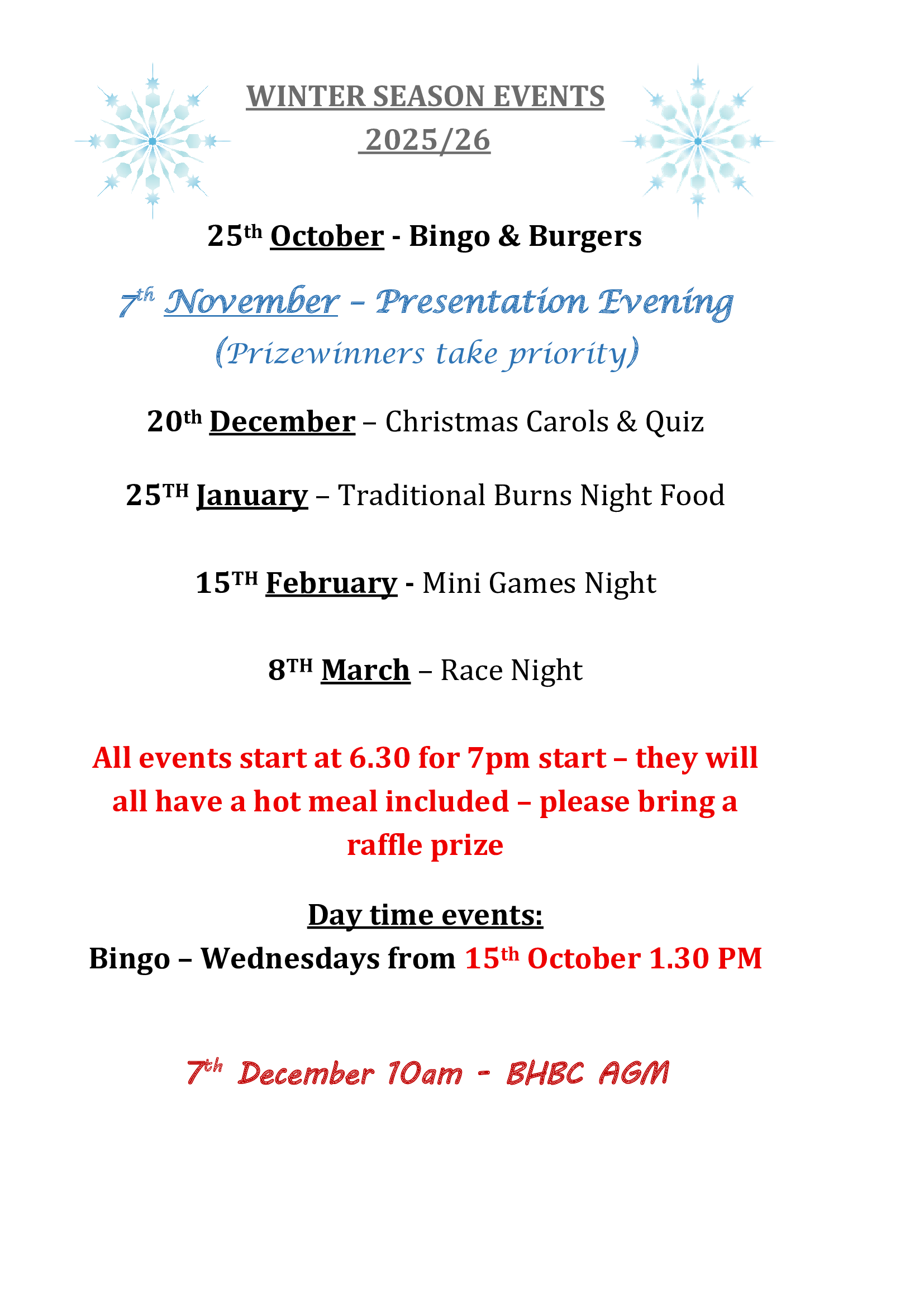 Batchwood Hall Bowling Club Social Events 2025 / 2026