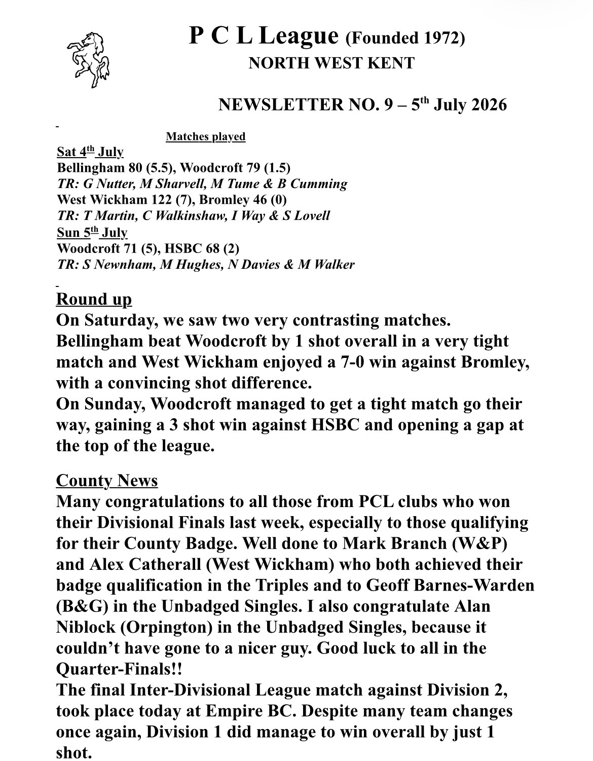 Woolwich and Plumstead Bowling Club Men’s PCL