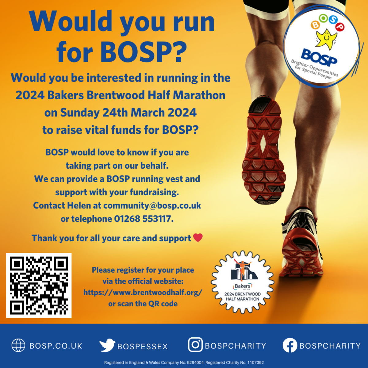 BOSP Brighter Opportunities for Special People  2024 Bakers Brentwood Half Marathon