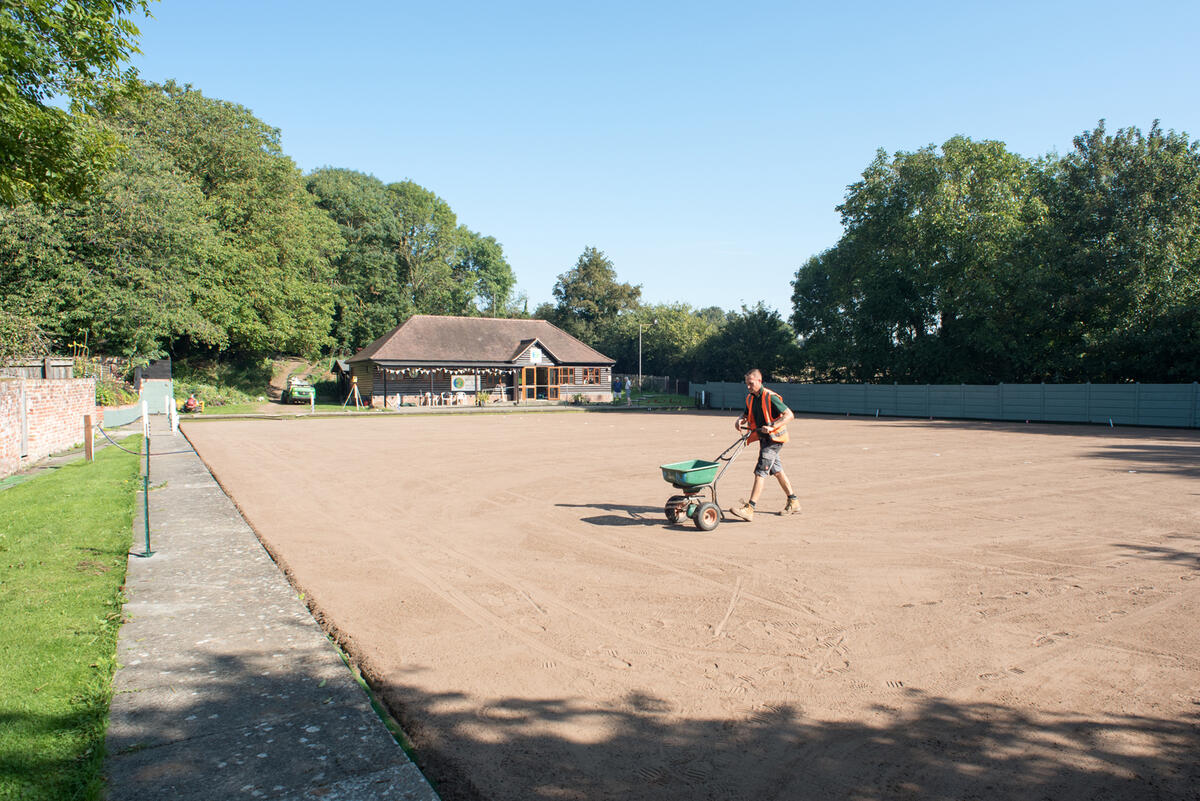 Spreading grass seeds.