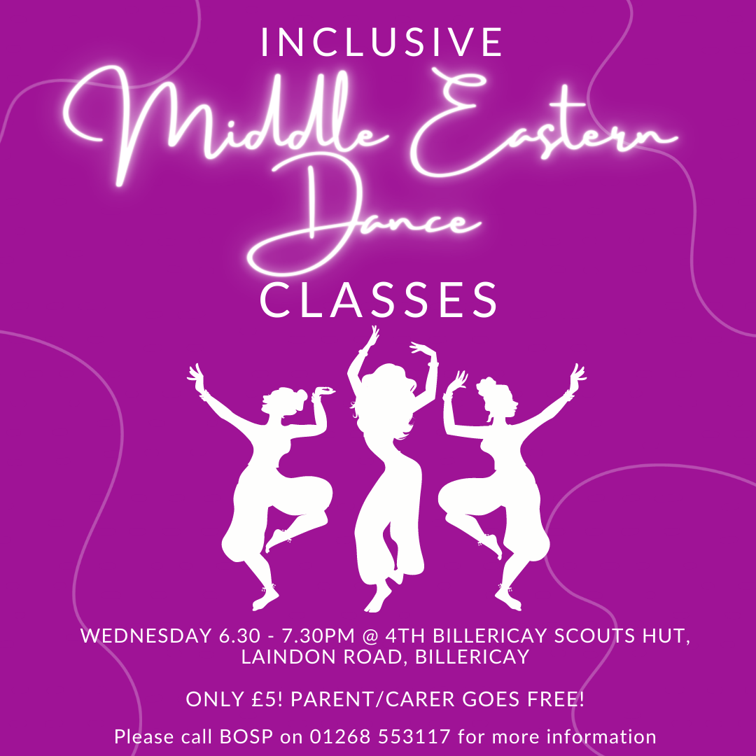 Fantastic inclusive Middle Eastern dance classes! Please call BOSP on 01268 553117 for further information.