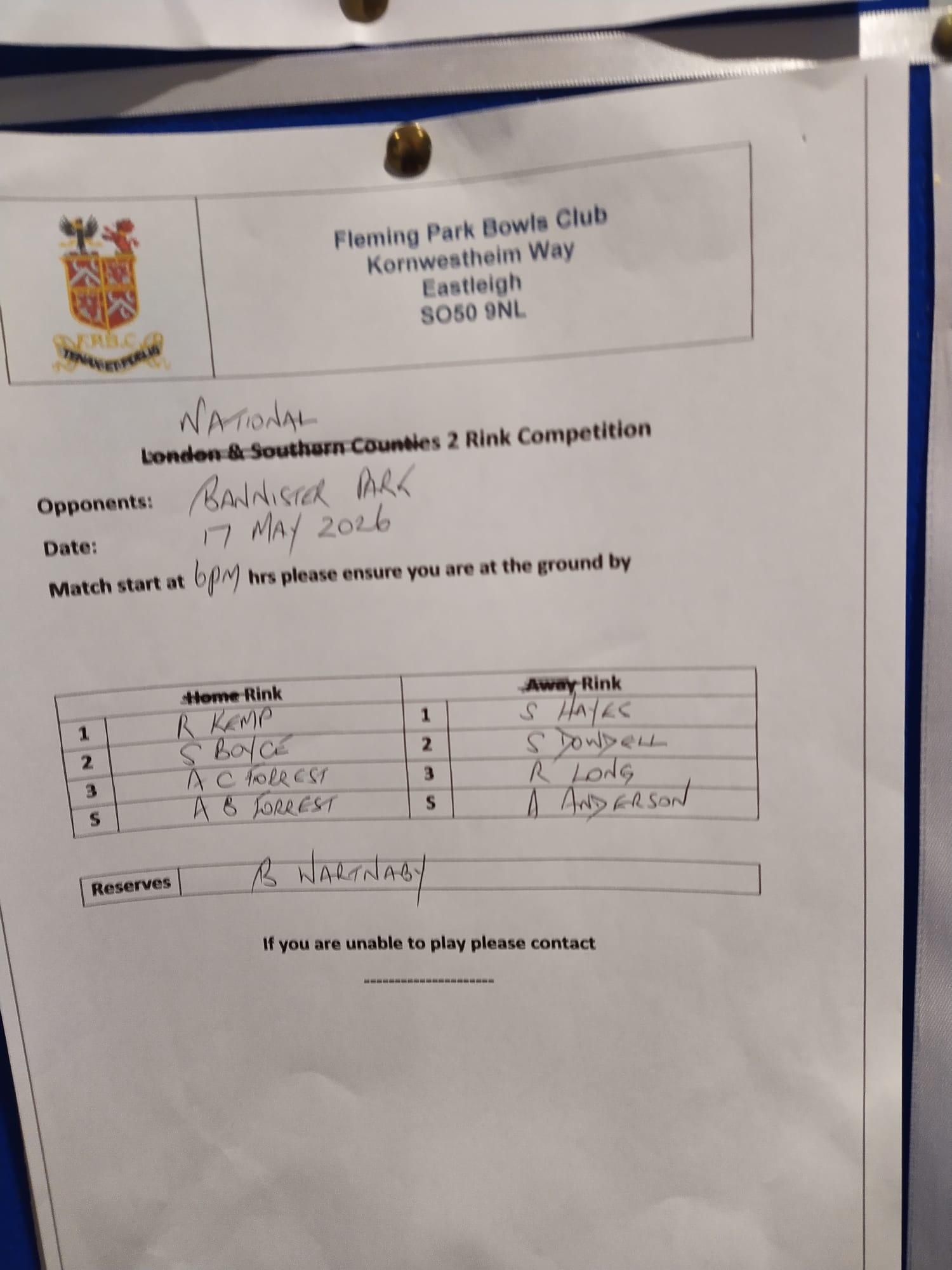 National 2 Rink Sunday 17th May 26