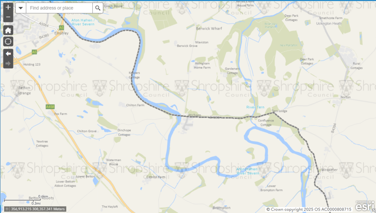 Route of Severn Way long distance path, marked as grey dashed line