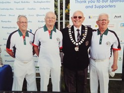 Bowls Leicestershire Triples winners Terry Whiteside, Geoff Howlett, Jim Keogh with County President Howard Taylor
