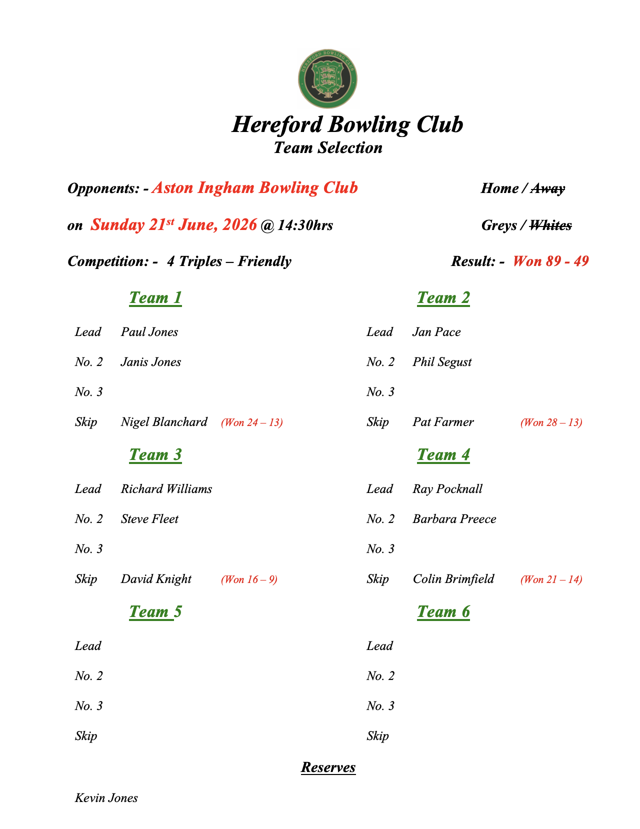 Hereford Bowling Club Aston Ingham - Friendly - 21/06/26