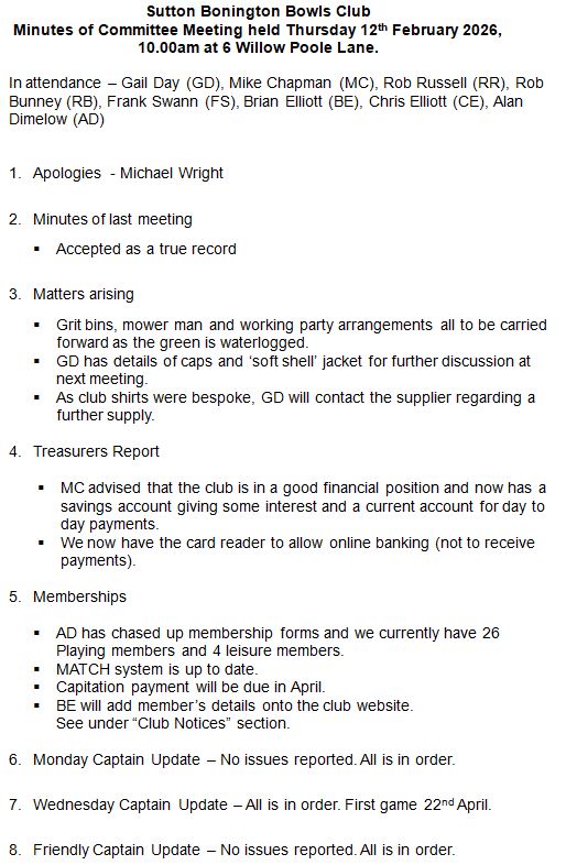 Sutton Bonington Bowls Club Committee Meeting Minutes