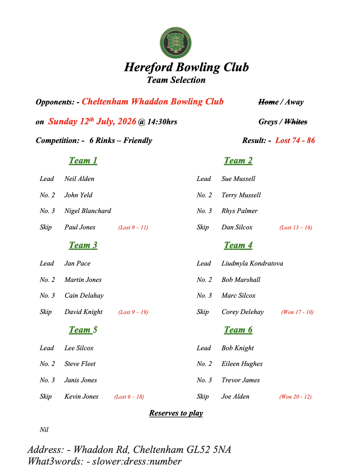 Hereford Bowling Club Cheltenham - Friendly - 12/07/26