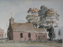 A watercolour of Withington's Old Church, circa 1845 by J. H. Smith