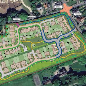 Site roads and footpaths - note roadside footpath and crossing towards the crossroads (outside existing current remaining hedge) plus one to opposite meadowcroft.  Nothing on Moor Road