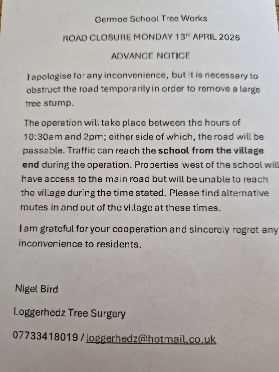 Germoe Parish Council Temporary Road Obstruction 13th April