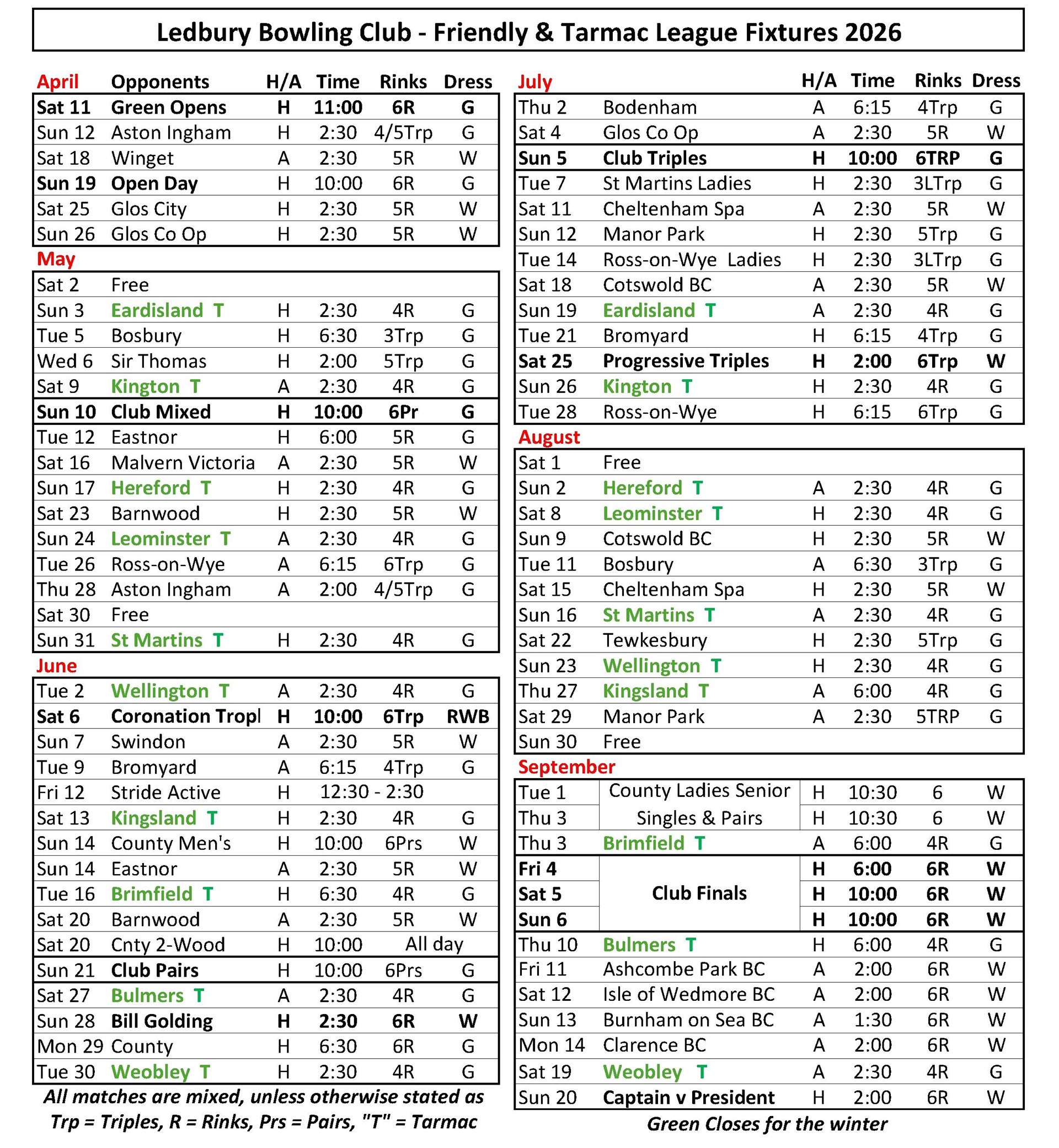 Ledbury Bowling Club Fixtures (inc Tarmac League)