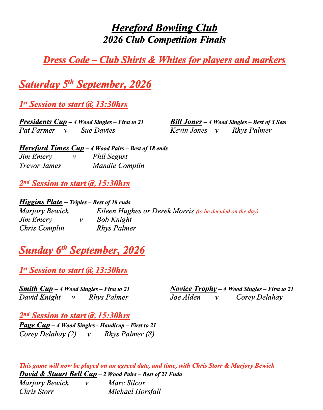 Hereford Bowling Club 2026 Club Competition Finals