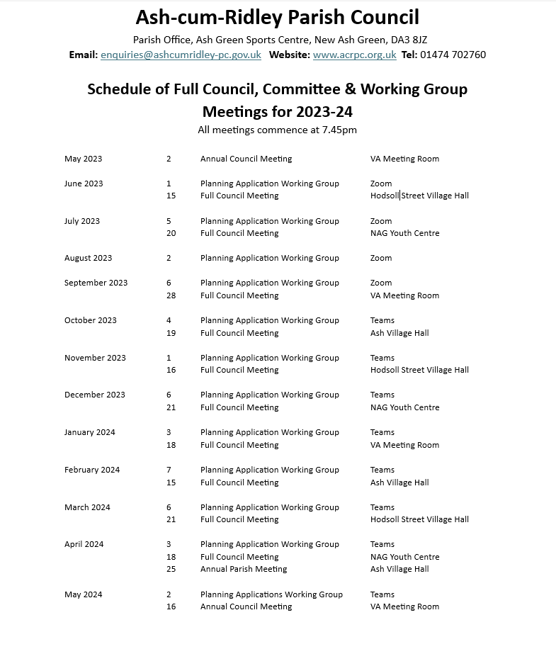 Ash-cum-Ridley Parish Council Meeting Dates