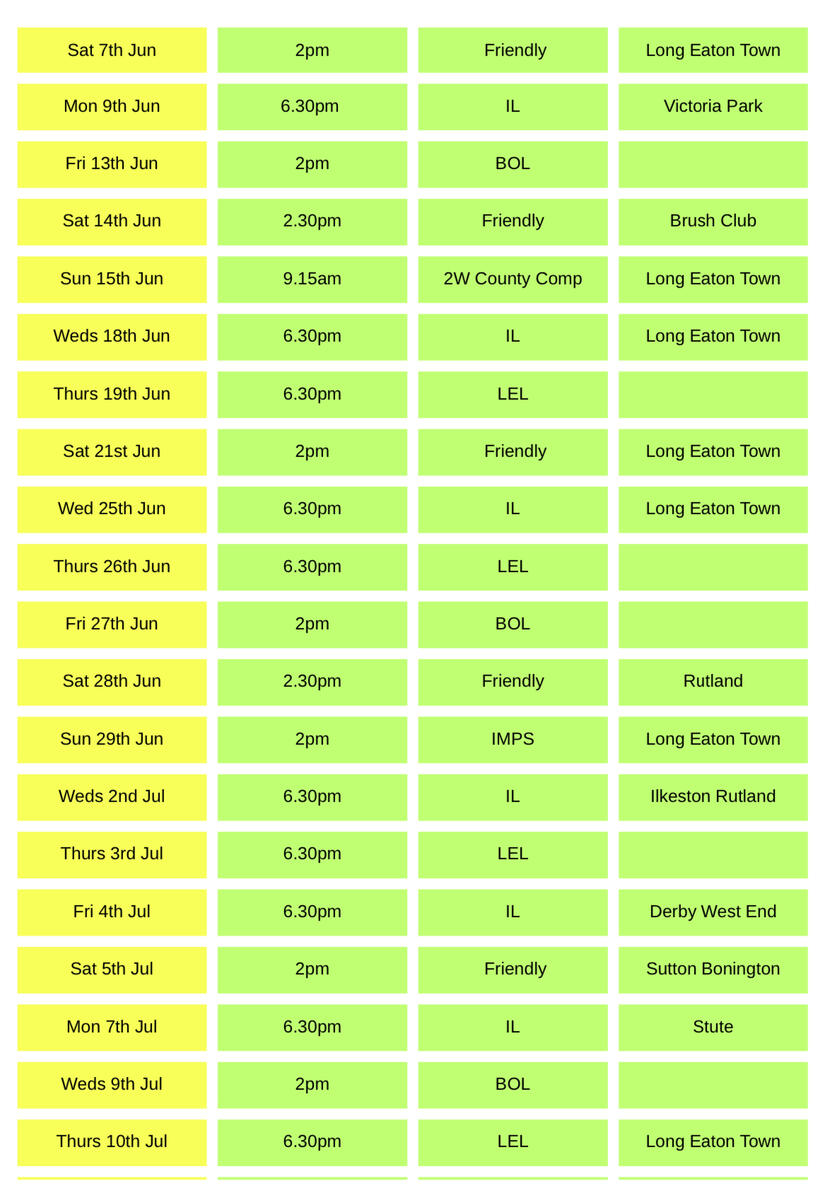 Long Eaton Town Bowls Club 2025 Calendar