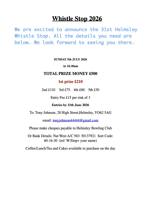 Helmsley Bowling Club Whistle Stop 2026