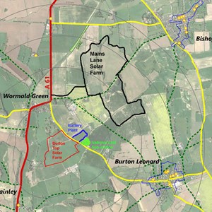 The planned Mains Lane Solar Farm, Burton Top Solar Farm (planning obtained), the villages and the A61