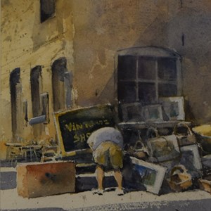 Bargain Hunting, The Curiosity Shop, watercolour by Ray Blundell
