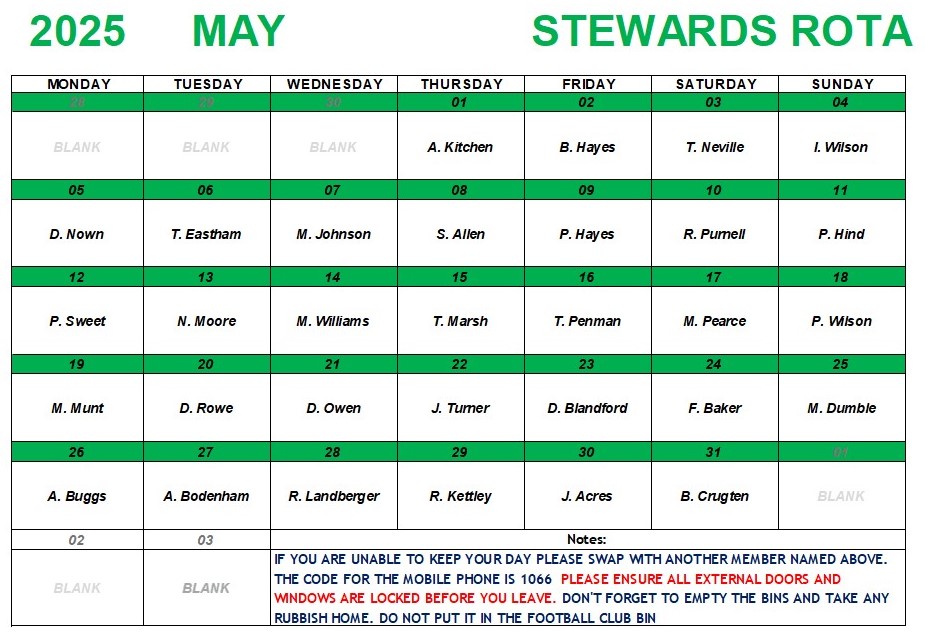 Marina Bowling Club Dawlish Monthly Rota 2025