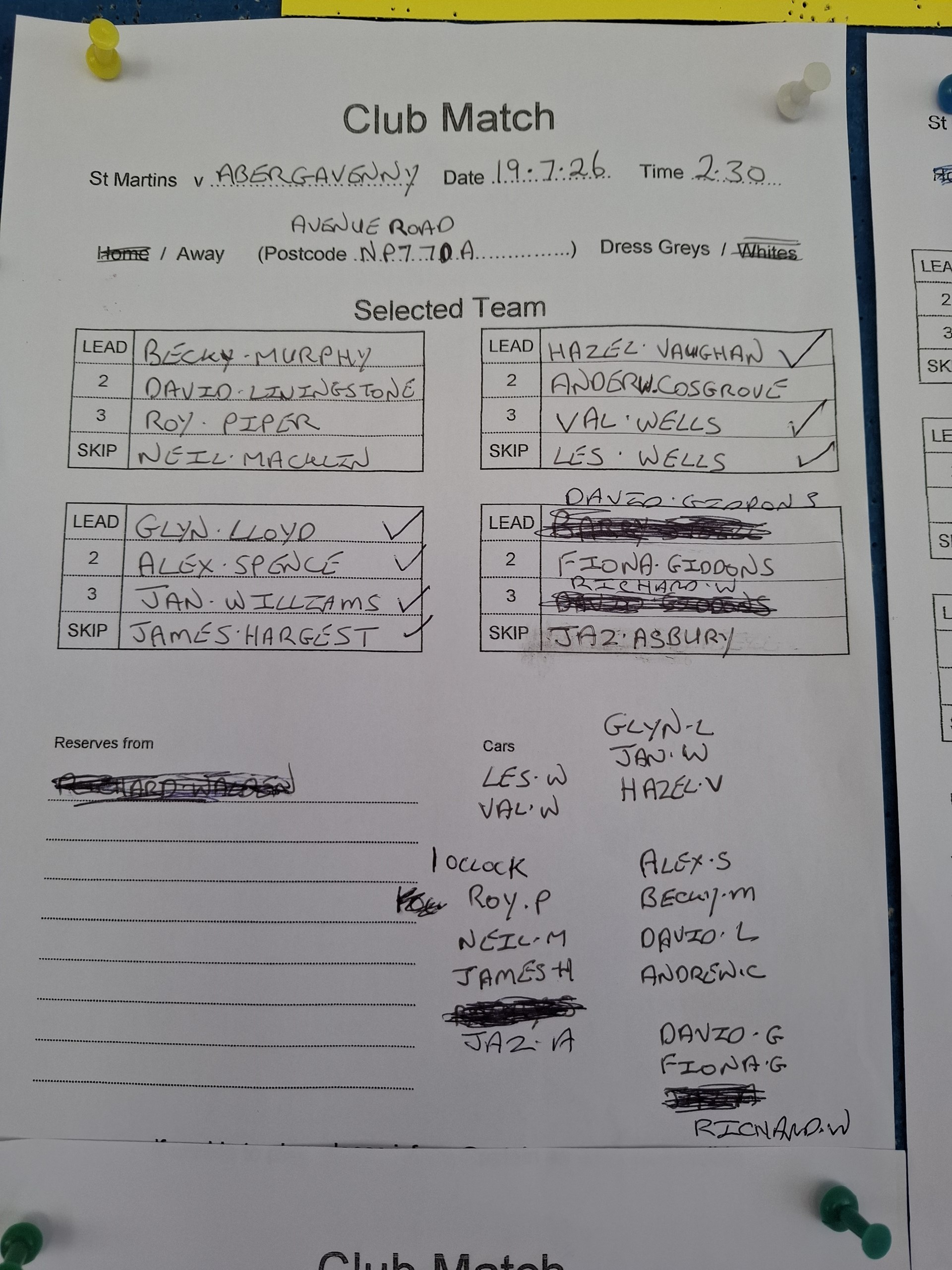 St Martin’s Bowls Club Abergavenny team selection 19 July