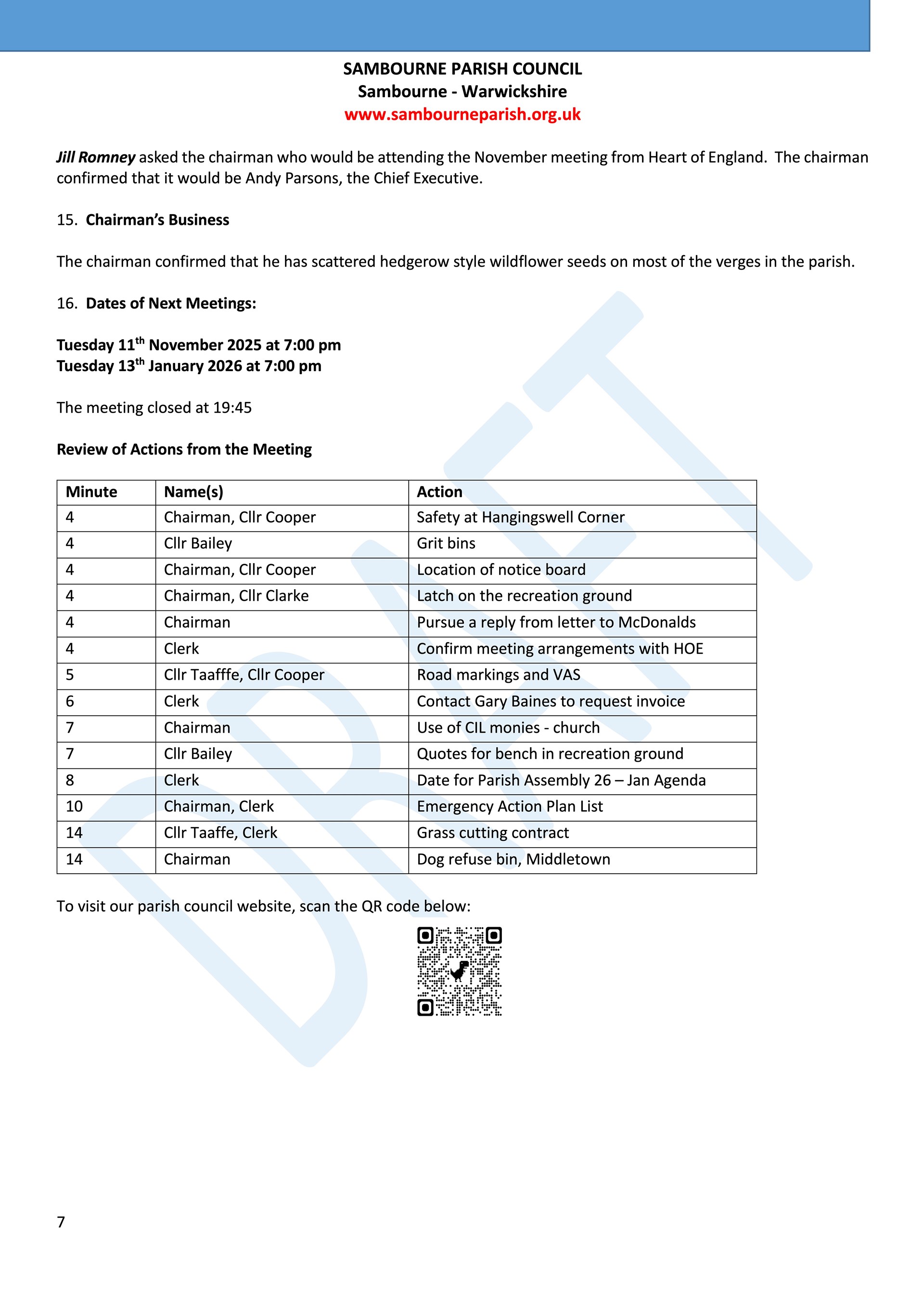 Sambourne Parish Council July 2025 to present