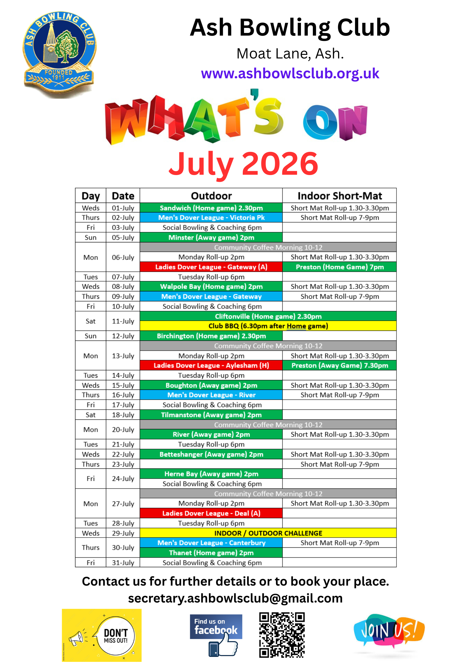 Ash Bowling Club What's On & Club Fixtures