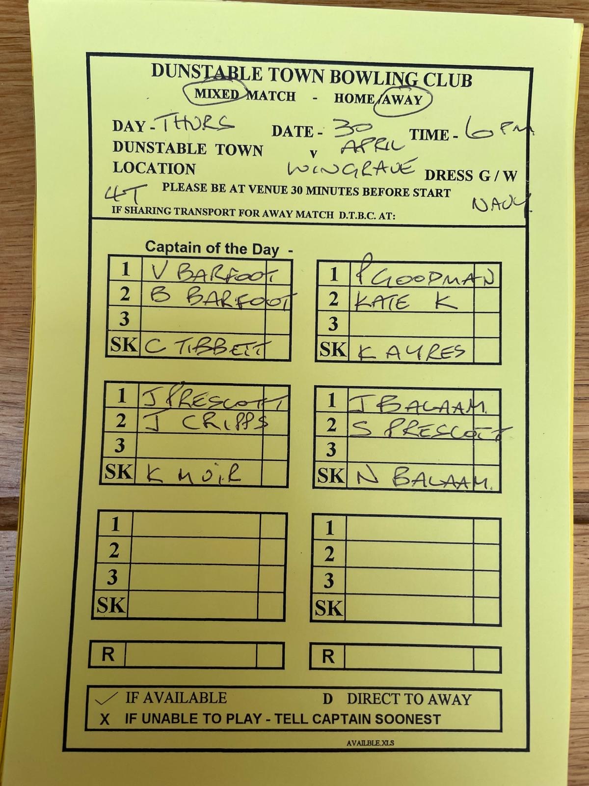 30/4/26 Away v wingrave 6.00pm