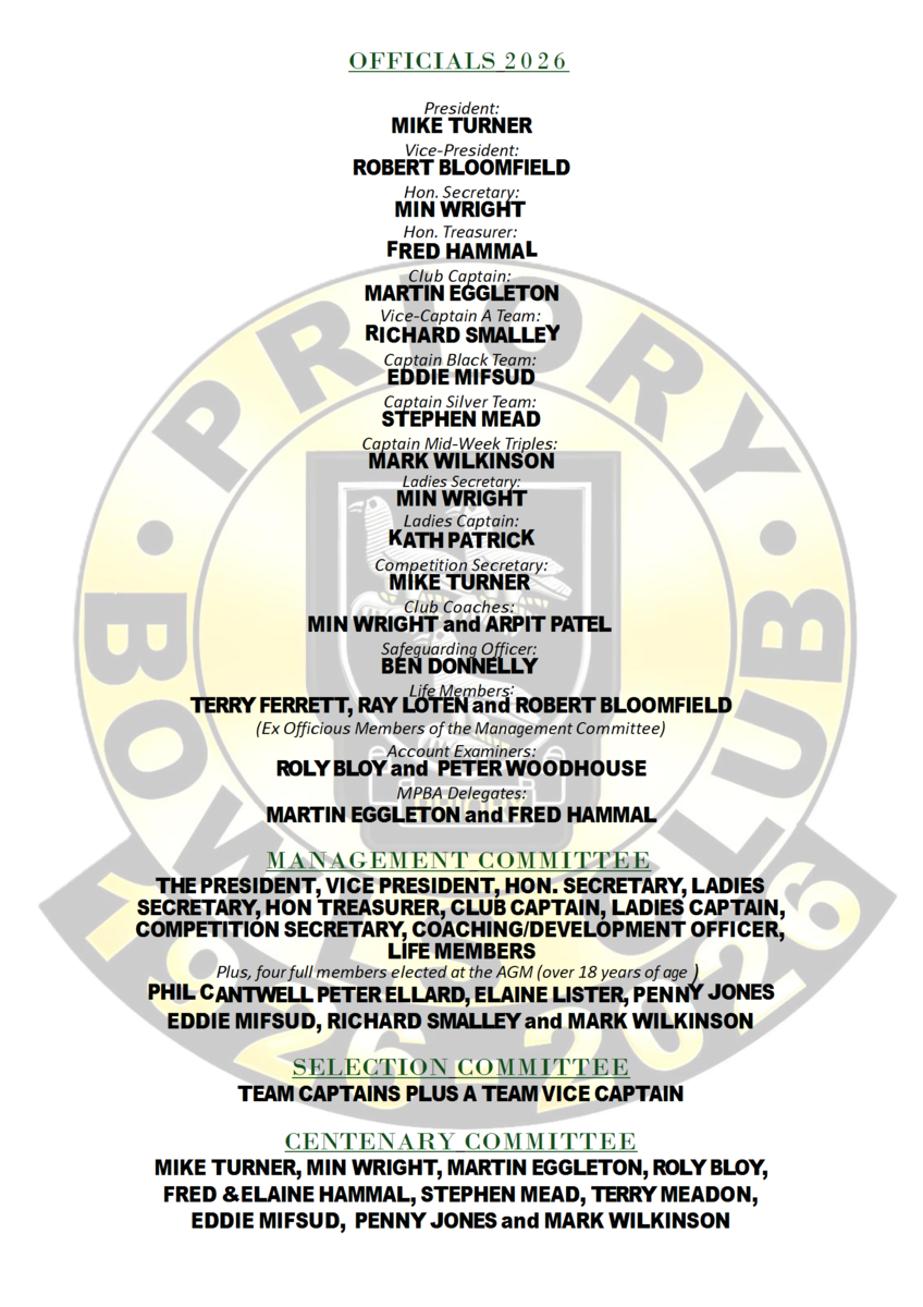 Priory Bowls Club Officers of the Club